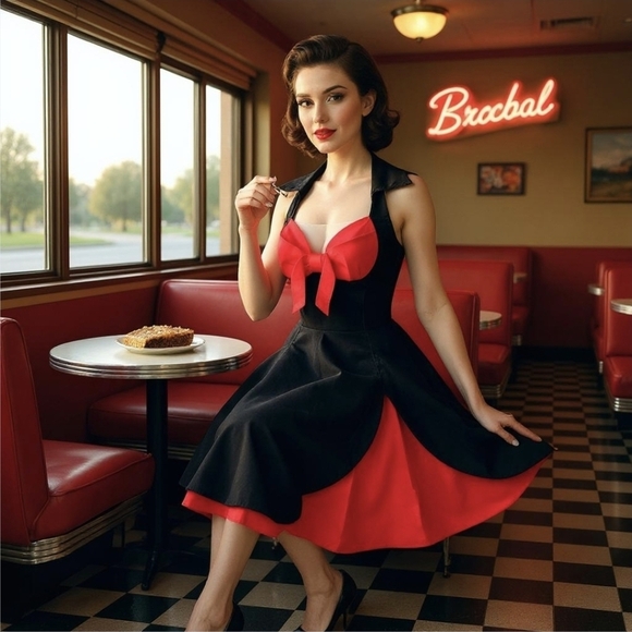 Pinup ✦ Fit & Flare Dress M ✦ Red Collar Bow Bust Open Back Stretch Retro NWT - Picture 1 of 17